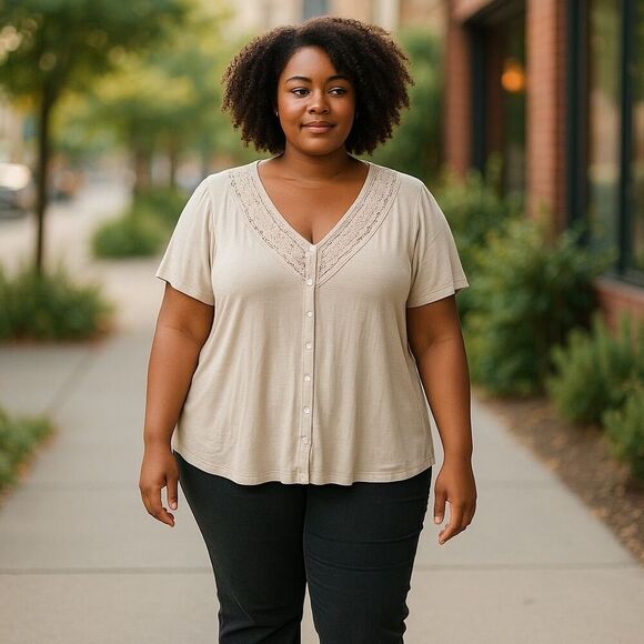 Torrid Plus Size 1 Beige Lace Trim Blouse Short Sleeve Casual Top - Picture 3 of 8